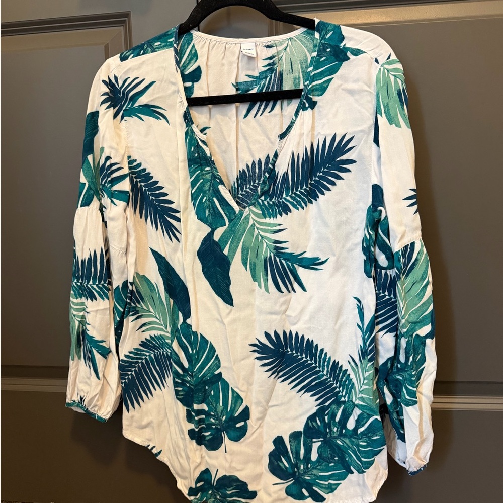 Old Navy White Blouse with Teal & Green Palm Print